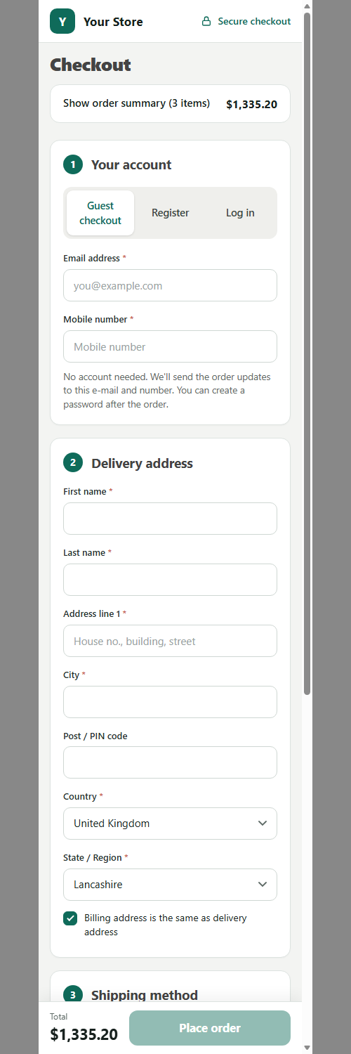 One page checkout, mobile